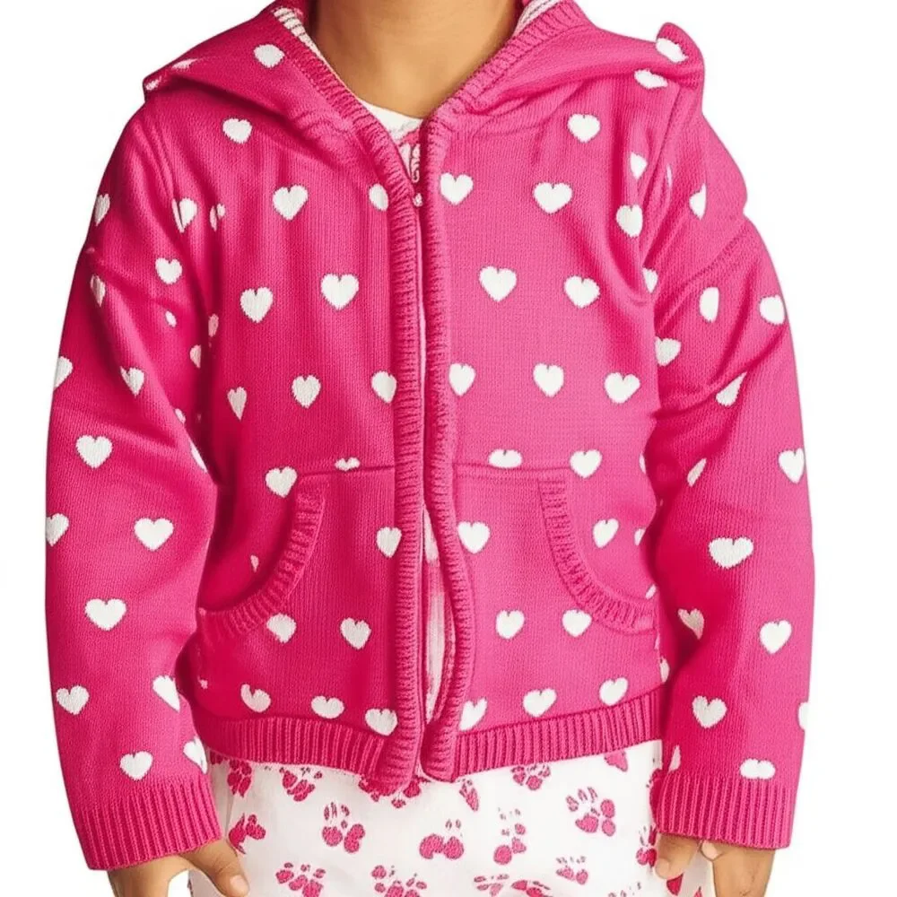 GYMBOREE Pink Heart Knit Jacket Girls 12-18 Months Sweater Hooded Full Zip Fall